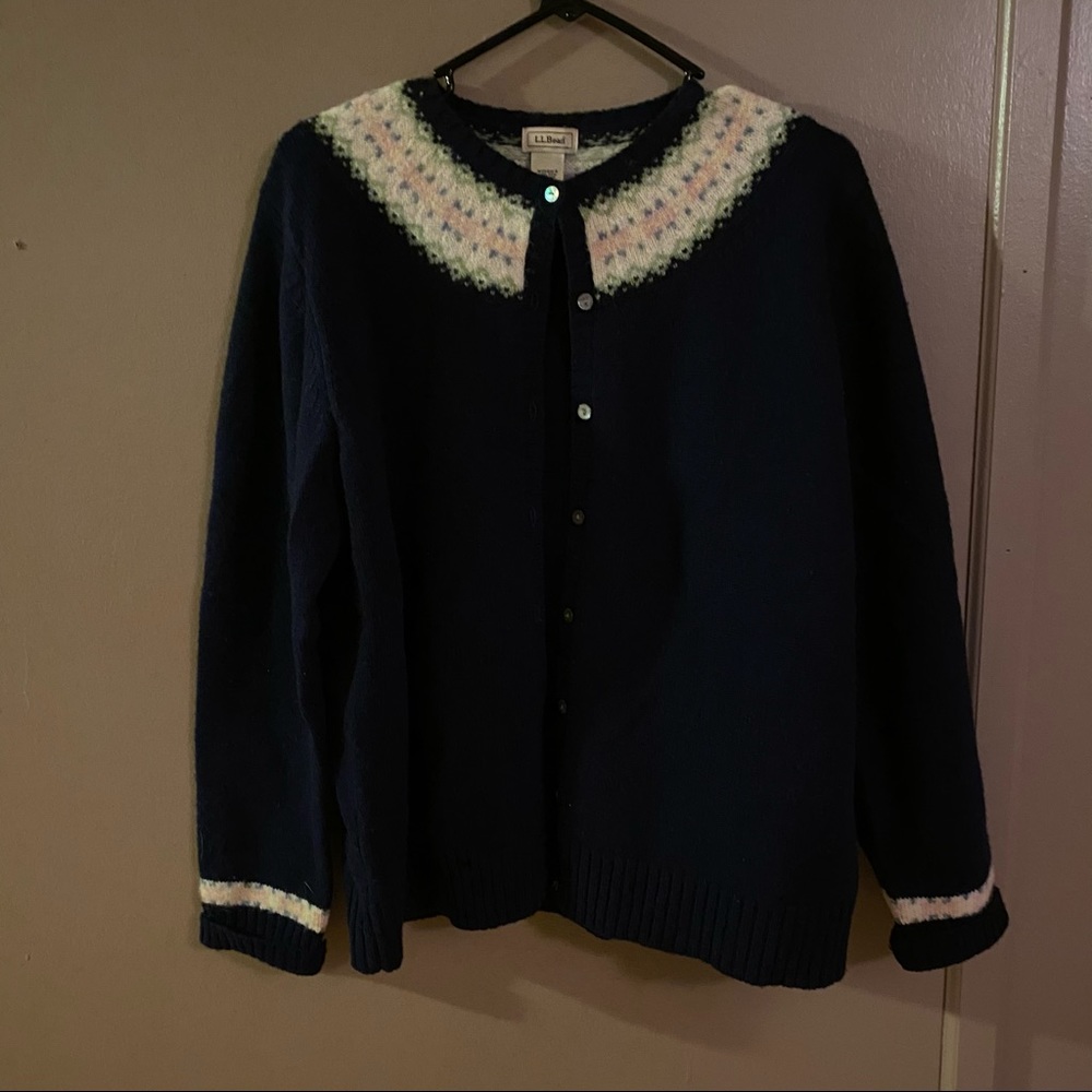 L.L. Bean 100% Wool Cardigan w/ Fair-Isle Detail